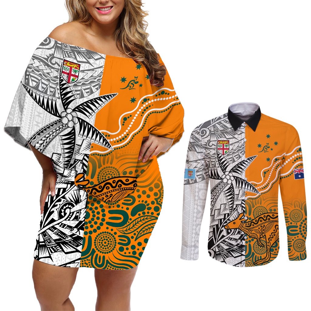 Personalised Fiji Australia Rugby Couples Matching Off Shoulder Short Dress and Long Sleeve Button Shirts World Cup 2023 Polynesia Tapa Mixed Indigenous Aboriginal LT9 Gold - Polynesian Pride