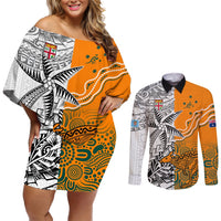 Personalised Fiji Australia Rugby Couples Matching Off Shoulder Short Dress and Long Sleeve Button Shirts World Cup 2023 Polynesia Tapa Mixed Indigenous Aboriginal LT9 Gold - Polynesian Pride