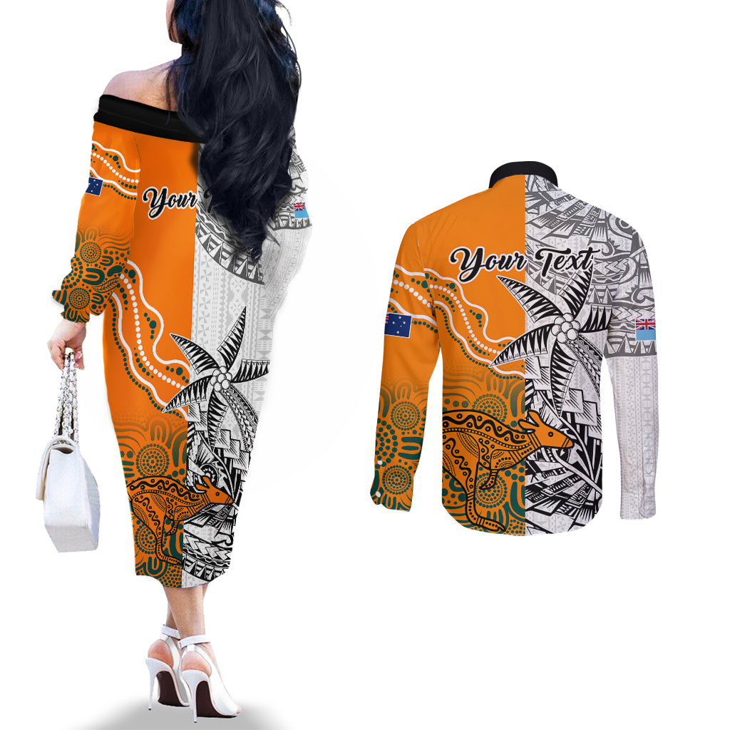 Personalised Fiji Australia Rugby Couples Matching Off The Shoulder Long Sleeve Dress and Long Sleeve Button Shirts World Cup 2023 Polynesia Tapa Mixed Indigenous Aboriginal LT9 - Polynesian Pride
