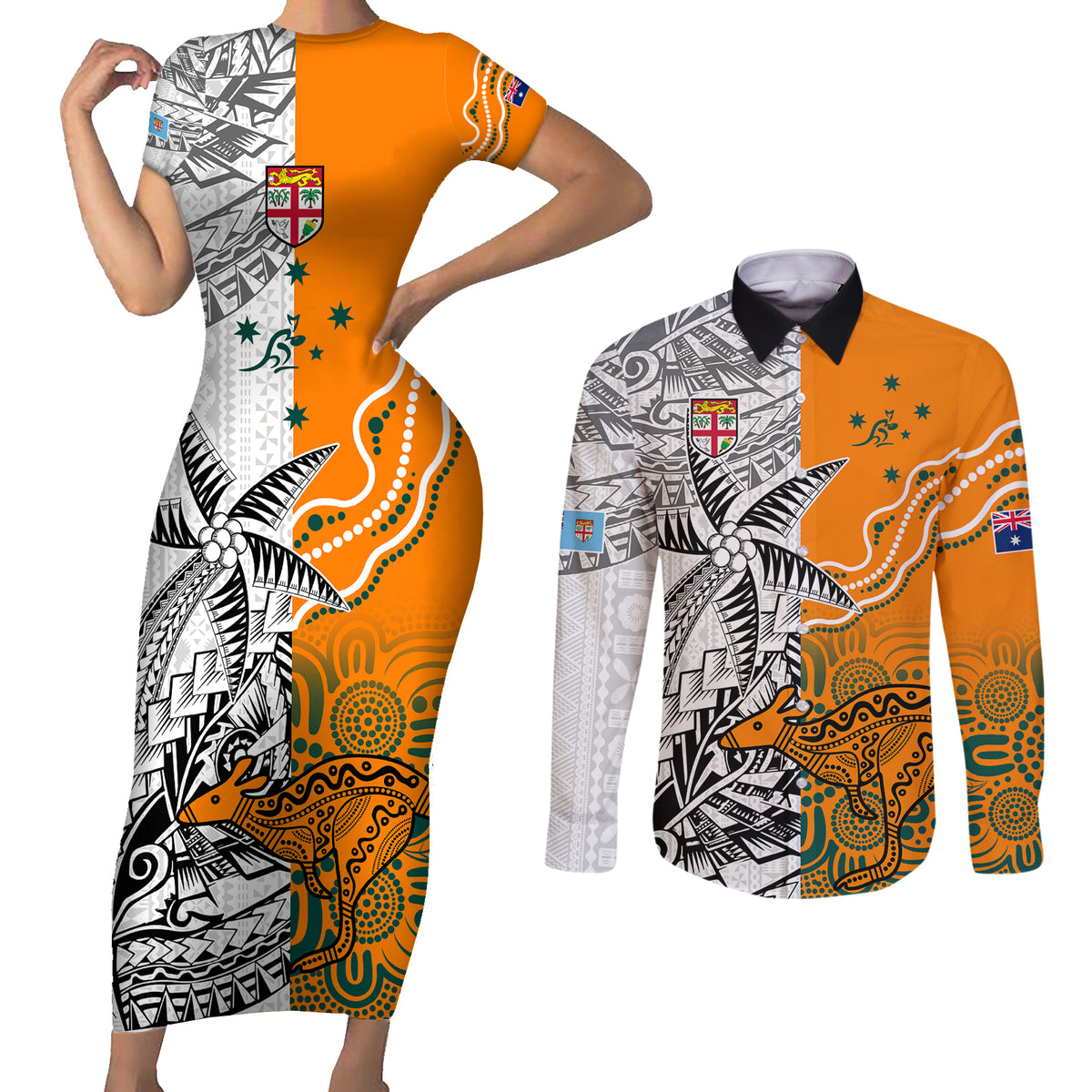 Personalised Fiji Australia Rugby Couples Matching Short Sleeve Bodycon Dress and Long Sleeve Button Shirts World Cup 2023 Polynesia Tapa Mixed Indigenous Aboriginal LT9 Gold - Polynesian Pride