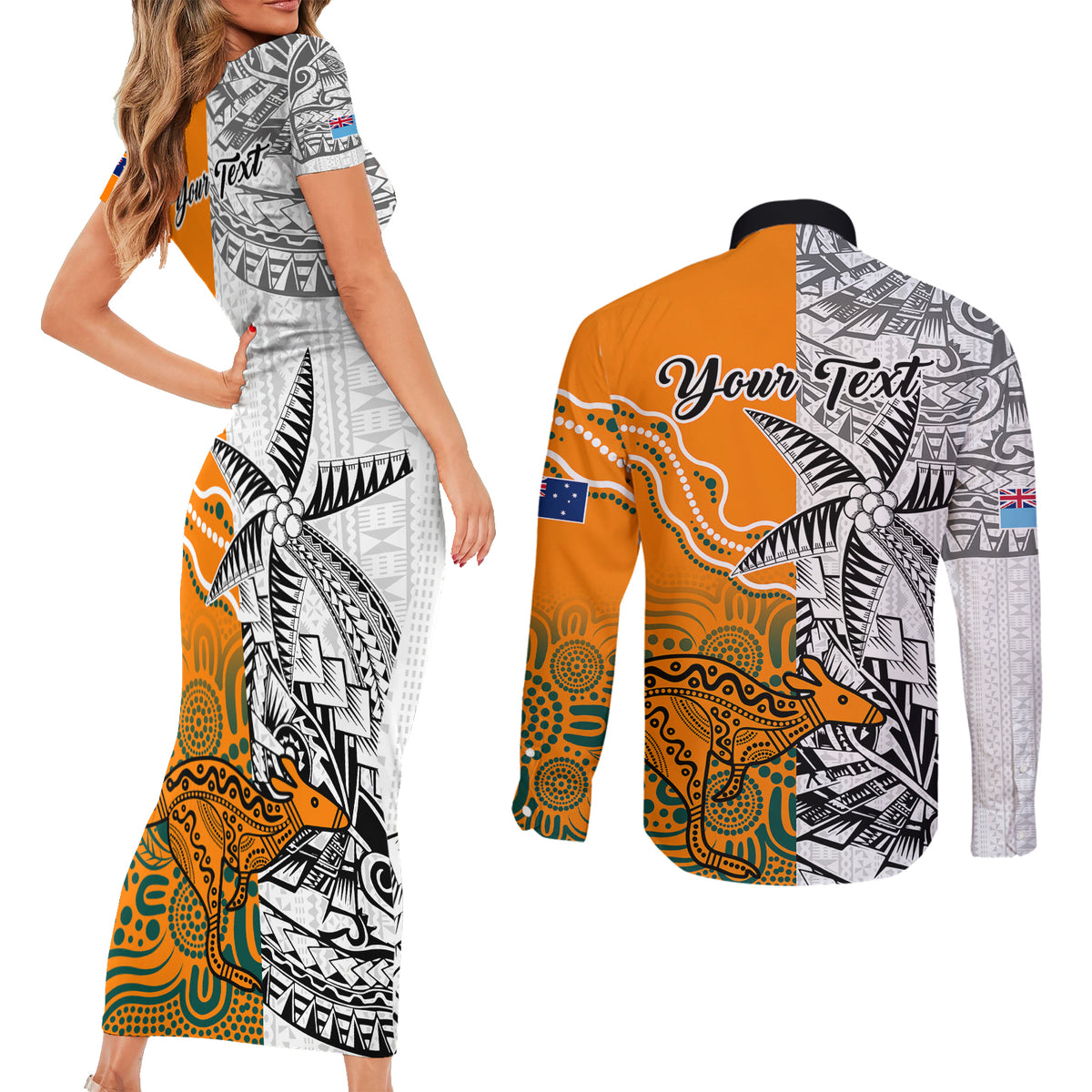 Personalised Fiji Australia Rugby Couples Matching Short Sleeve Bodycon Dress and Long Sleeve Button Shirts World Cup 2023 Polynesia Tapa Mixed Indigenous Aboriginal LT9 - Polynesian Pride