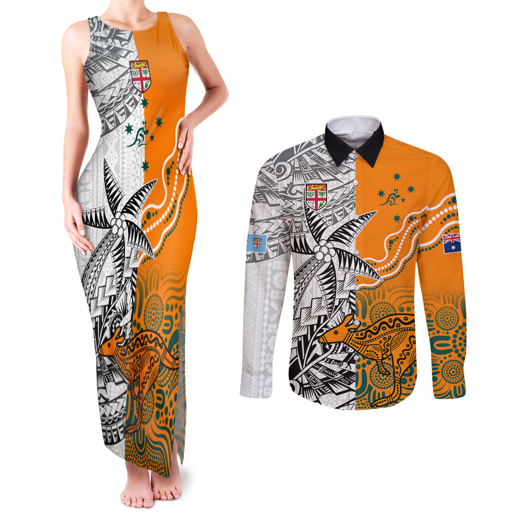 Personalised Fiji Australia Rugby Couples Matching Tank Maxi Dress and Long Sleeve Button Shirts World Cup 2023 Polynesia Tapa Mixed Indigenous Aboriginal LT9 Gold - Polynesian Pride