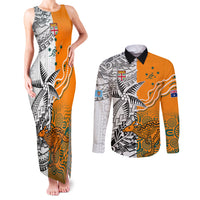 Personalised Fiji Australia Rugby Couples Matching Tank Maxi Dress and Long Sleeve Button Shirts World Cup 2023 Polynesia Tapa Mixed Indigenous Aboriginal LT9 Gold - Polynesian Pride