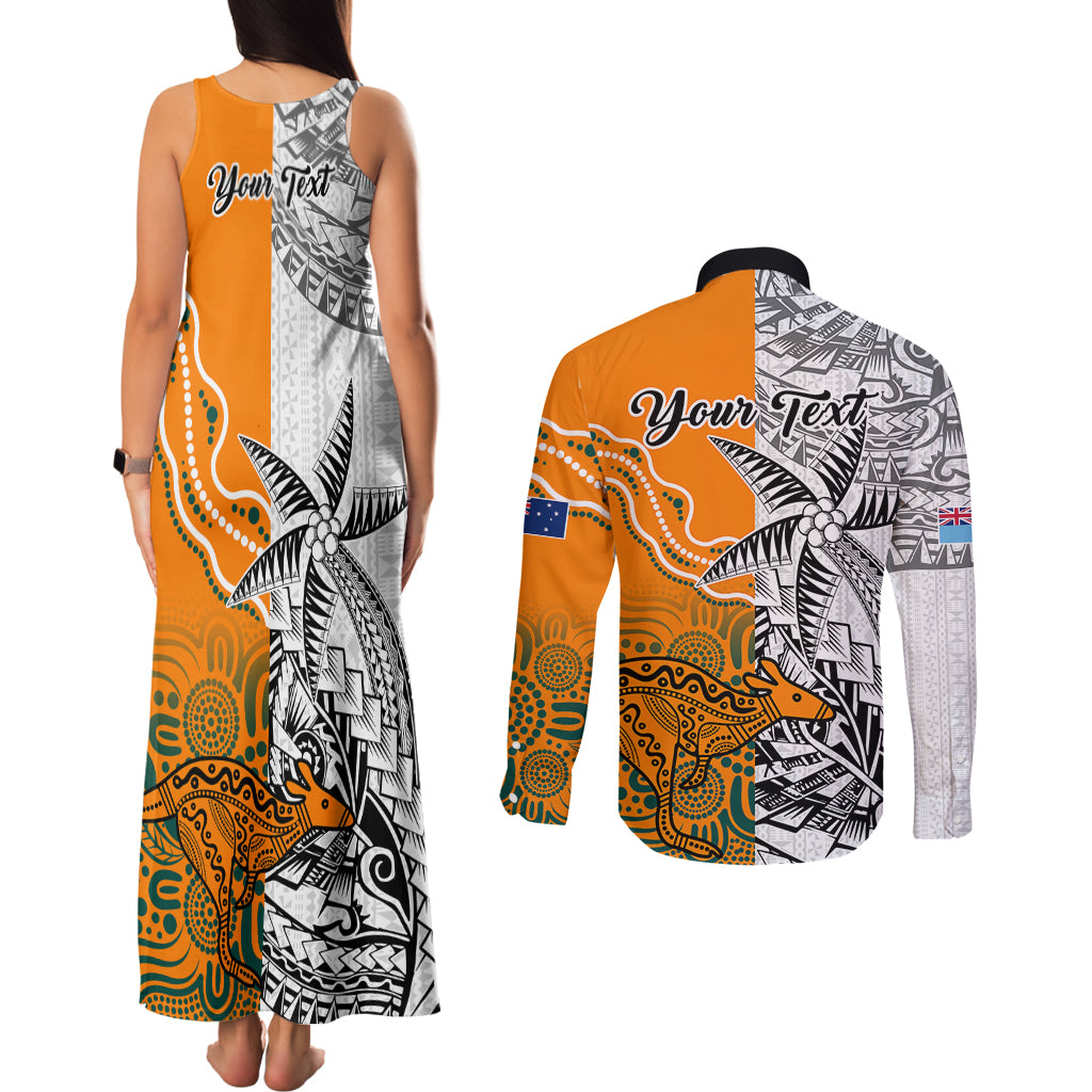 Personalised Fiji Australia Rugby Couples Matching Tank Maxi Dress and Long Sleeve Button Shirts World Cup 2023 Polynesia Tapa Mixed Indigenous Aboriginal LT9 - Polynesian Pride