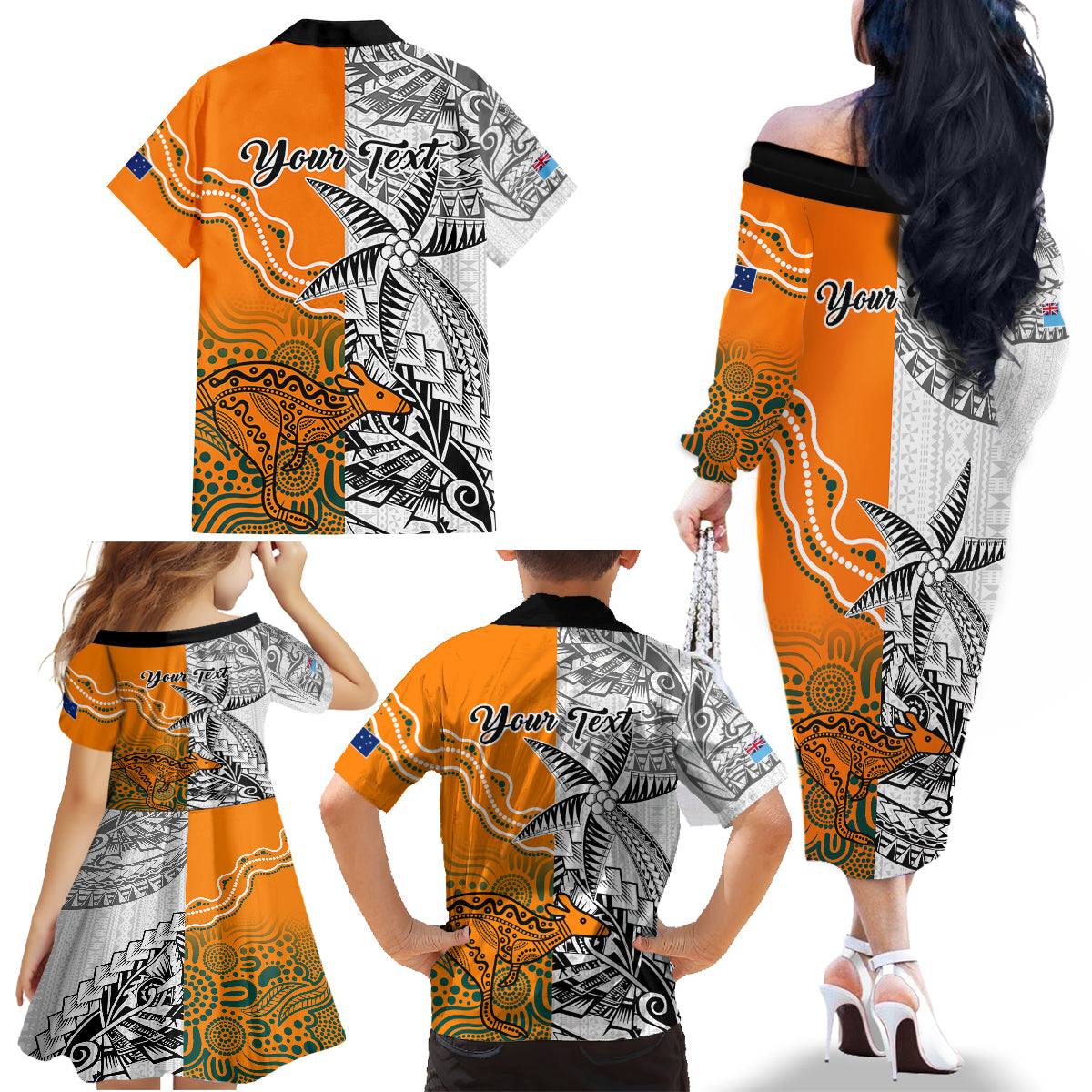 Personalised Fiji Australia Rugby Family Matching Off Shoulder Long Sleeve Dress and Hawaiian Shirt World Cup 2023 Polynesia Tapa Mixed Indigenous Aboriginal LT9 - Polynesian Pride
