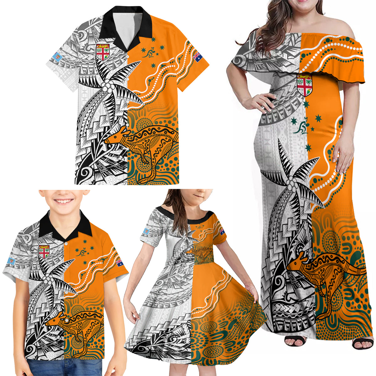 Personalised Fiji Australia Rugby Family Matching Off Shoulder Maxi Dress and Hawaiian Shirt World Cup 2023 Polynesia Tapa Mixed Indigenous Aboriginal LT9 - Polynesian Pride