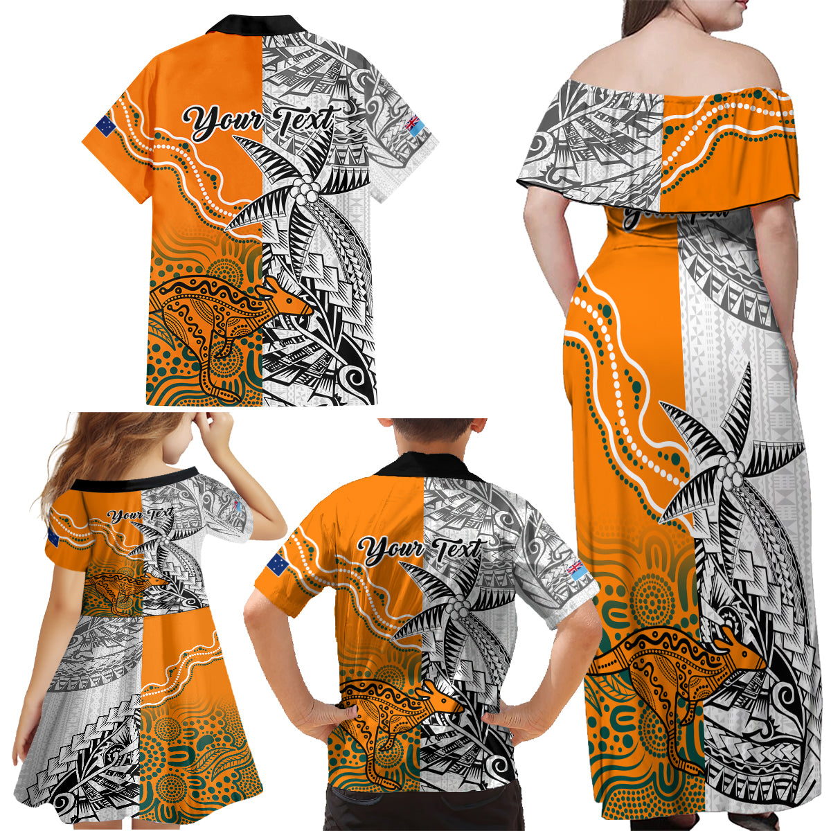 Personalised Fiji Australia Rugby Family Matching Off Shoulder Maxi Dress and Hawaiian Shirt World Cup 2023 Polynesia Tapa Mixed Indigenous Aboriginal LT9 - Polynesian Pride
