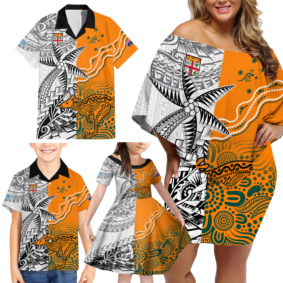 Personalised Fiji Australia Rugby Family Matching Off Shoulder Short Dress and Hawaiian Shirt World Cup 2023 Polynesia Tapa Mixed Indigenous Aboriginal LT9 - Polynesian Pride