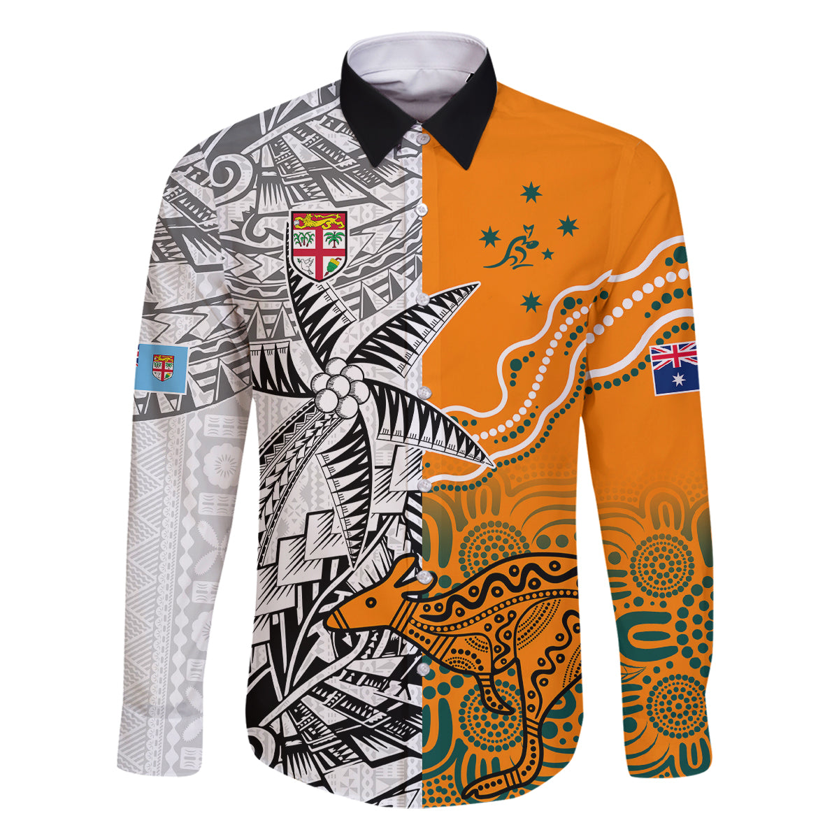 Personalised Fiji Australia Rugby Family Matching Off Shoulder Short Dress and Hawaiian Shirt World Cup 2023 Polynesia Tapa Mixed Indigenous Aboriginal LT9 Dad's Shirt - Long Sleeve Gold - Polynesian Pride