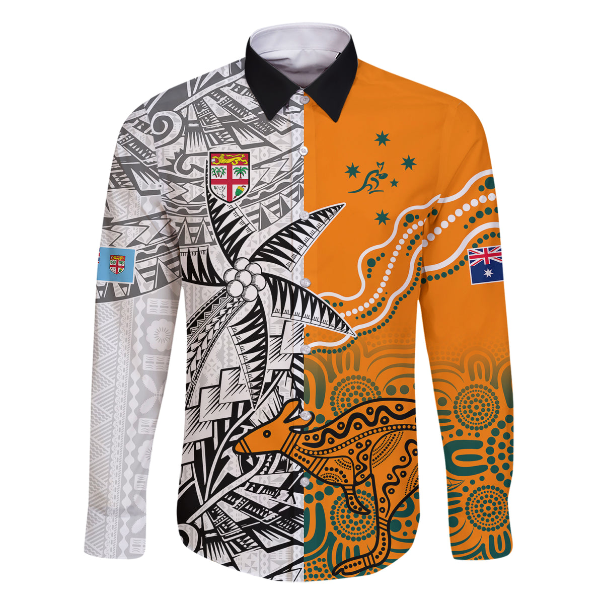 Personalised Fiji Australia Rugby Family Matching Short Sleeve Bodycon Dress and Hawaiian Shirt World Cup 2023 Polynesia Tapa Mixed Indigenous Aboriginal LT9 Dad's Shirt - Long Sleeve Gold - Polynesian Pride