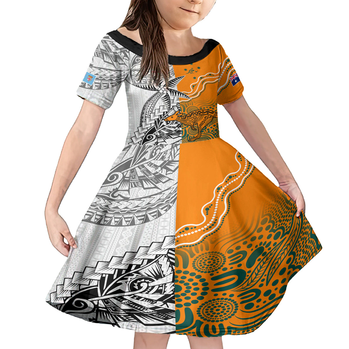 Personalised Fiji Australia Rugby Family Matching Summer Maxi Dress and Hawaiian Shirt World Cup 2023 Polynesia Tapa Mixed Indigenous Aboriginal LT9 Daughter's Dress Gold - Polynesian Pride