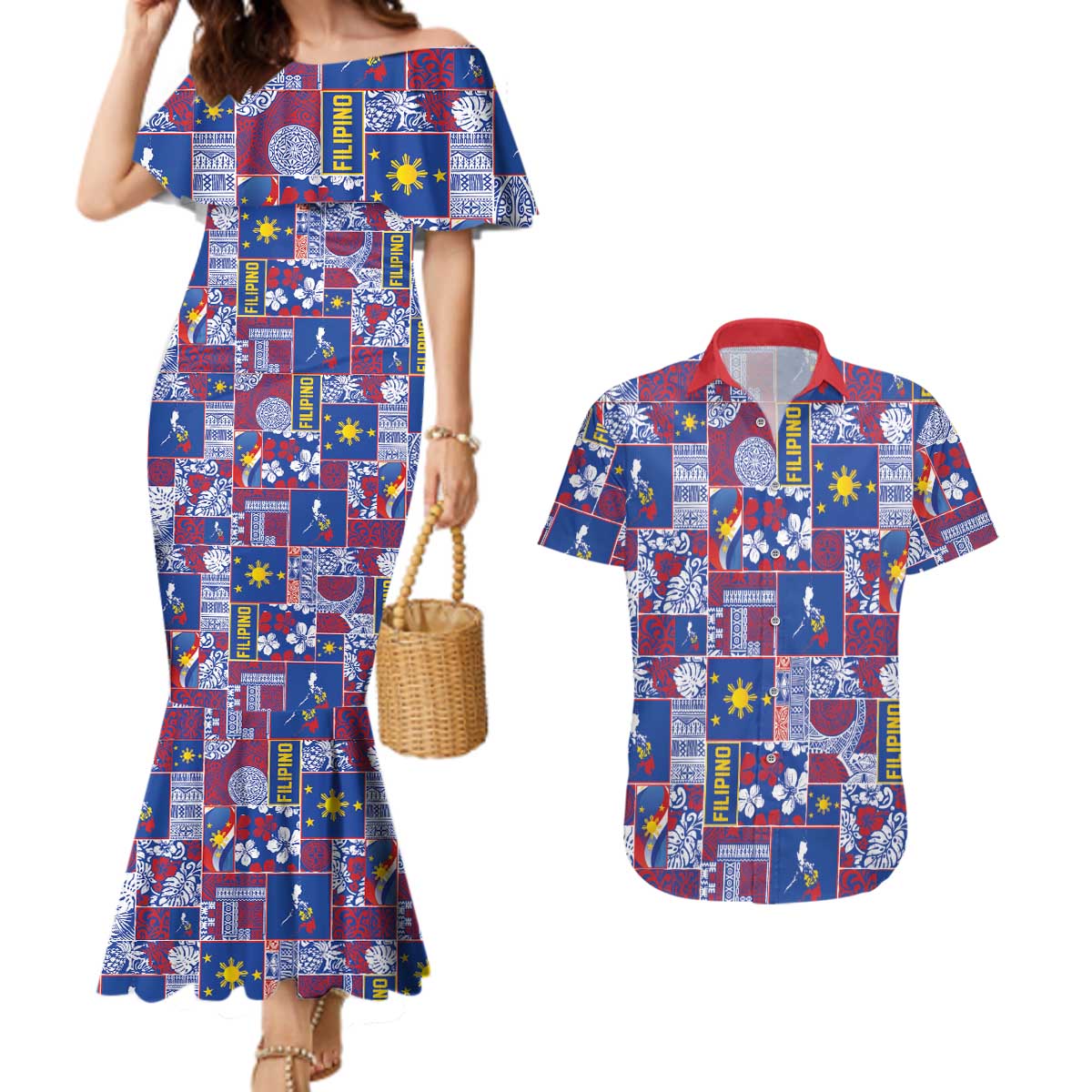 Filipino Maligayang Pasko Couples Matching Mermaid Dress and Hawaiian Shirt Pacific Patchwork Xmas Vibes LT9 Blue - Polynesian Pride