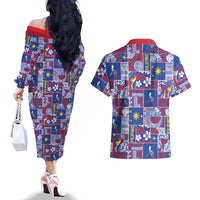 Filipino Maligayang Pasko Couples Matching Off The Shoulder Long Sleeve Dress and Hawaiian Shirt Pacific Patchwork Xmas Vibes LT9 - Polynesian Pride