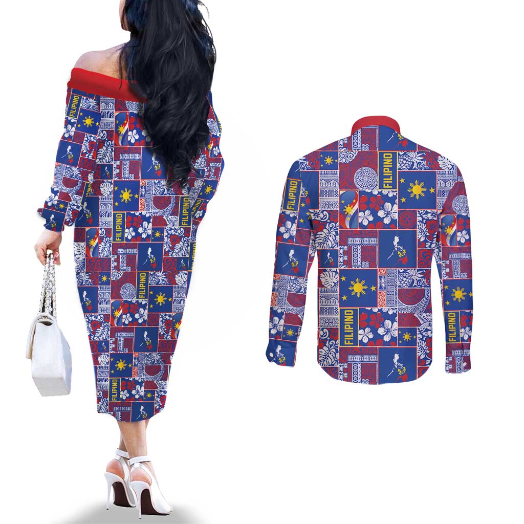 Filipino Maligayang Pasko Couples Matching Off The Shoulder Long Sleeve Dress and Long Sleeve Button Shirt Pacific Patchwork Xmas Vibes LT9 - Polynesian Pride
