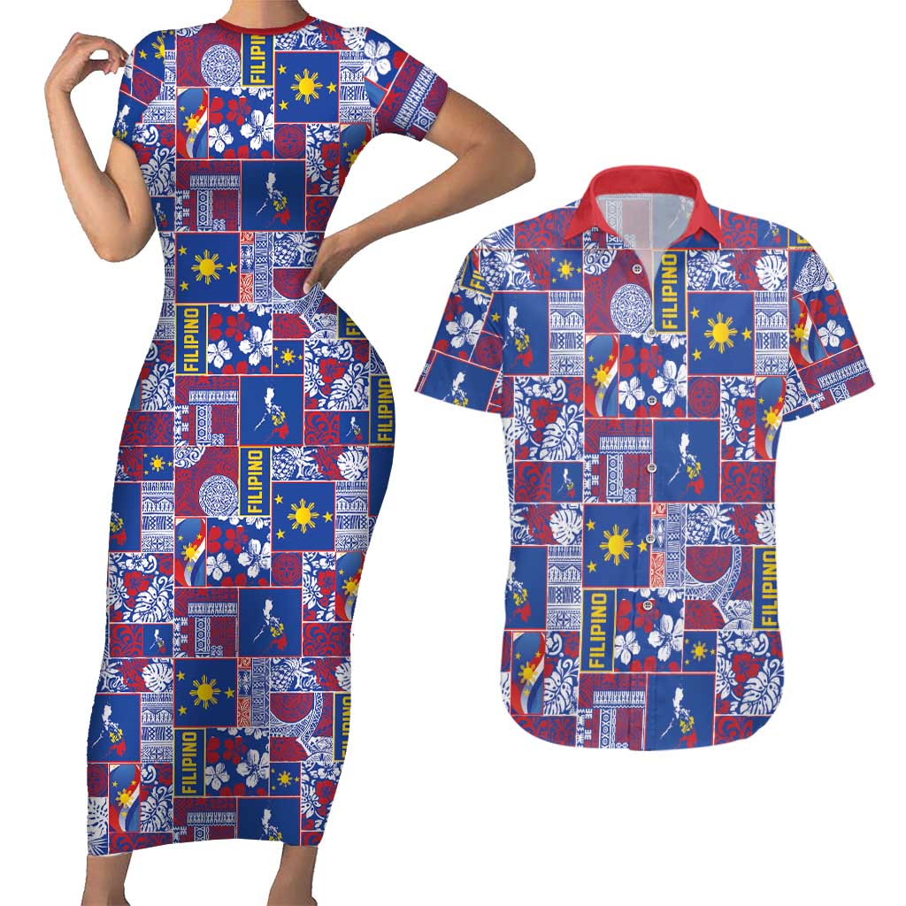 Filipino Maligayang Pasko Couples Matching Short Sleeve Bodycon Dress and Hawaiian Shirt Pacific Patchwork Xmas Vibes LT9 Blue - Polynesian Pride
