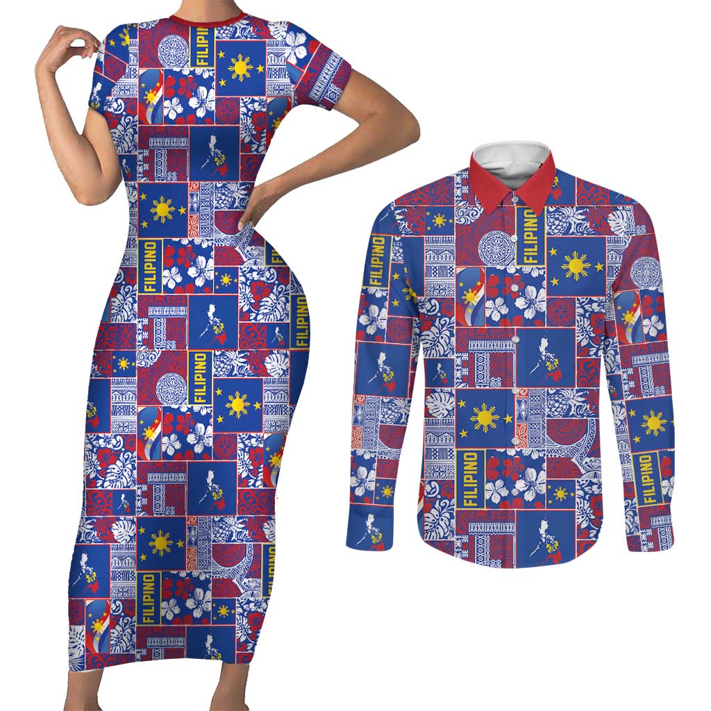 Filipino Maligayang Pasko Couples Matching Short Sleeve Bodycon Dress and Long Sleeve Button Shirt Pacific Patchwork Xmas Vibes LT9 Blue - Polynesian Pride