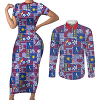 Filipino Maligayang Pasko Couples Matching Short Sleeve Bodycon Dress and Long Sleeve Button Shirt Pacific Patchwork Xmas Vibes LT9 Blue - Polynesian Pride