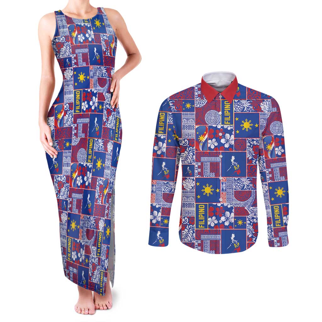 Filipino Maligayang Pasko Couples Matching Tank Maxi Dress and Long Sleeve Button Shirt Pacific Patchwork Xmas Vibes - Polynesian Pride
