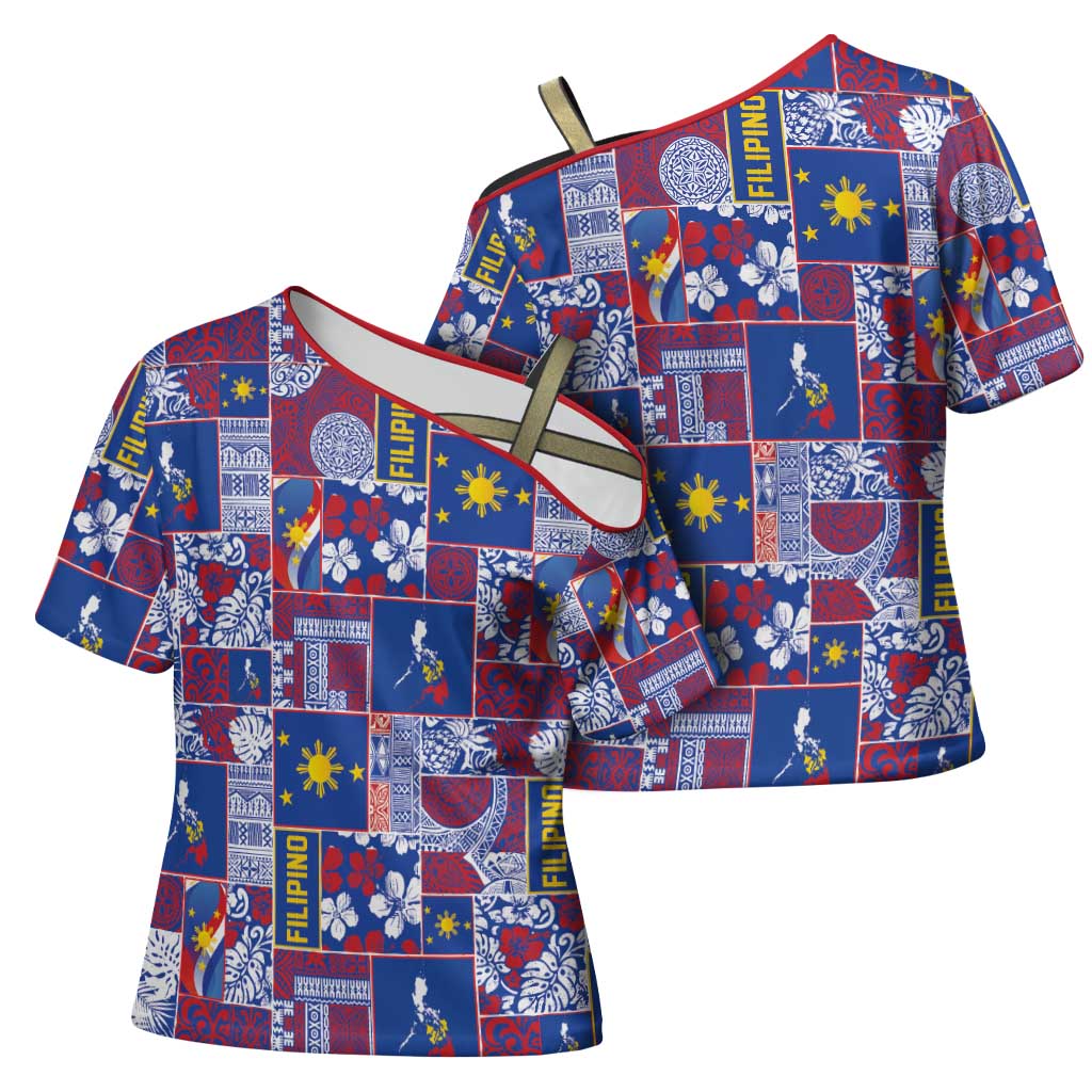 Filipino Maligayang Pasko Cross Shoulder Shirt Pacific Patchwork Xmas Vibes - Polynesian Pride