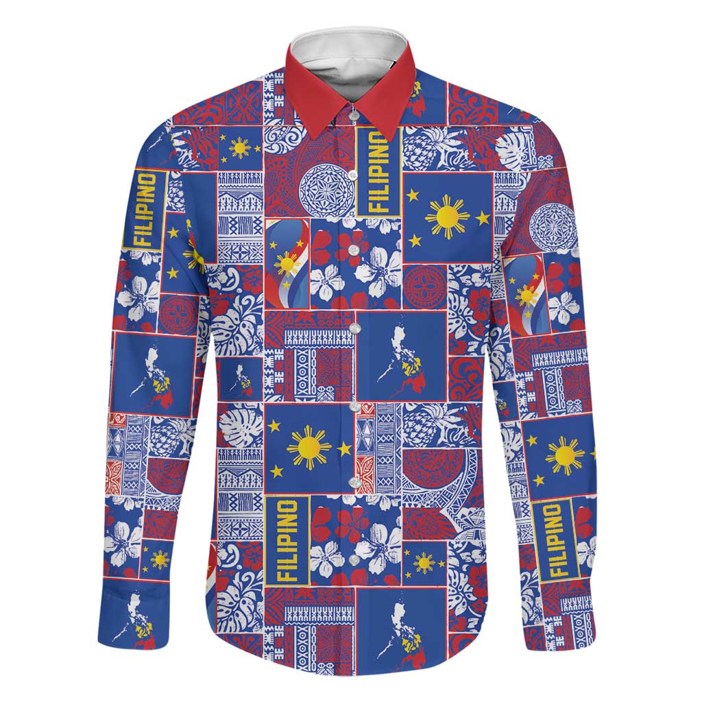 Filipino Maligayang Pasko Family Matching Off Shoulder Maxi Dress and Hawaiian Shirt Pacific Patchwork Xmas Vibes LT9 Dad's Shirt - Long Sleeve Blue - Polynesian Pride