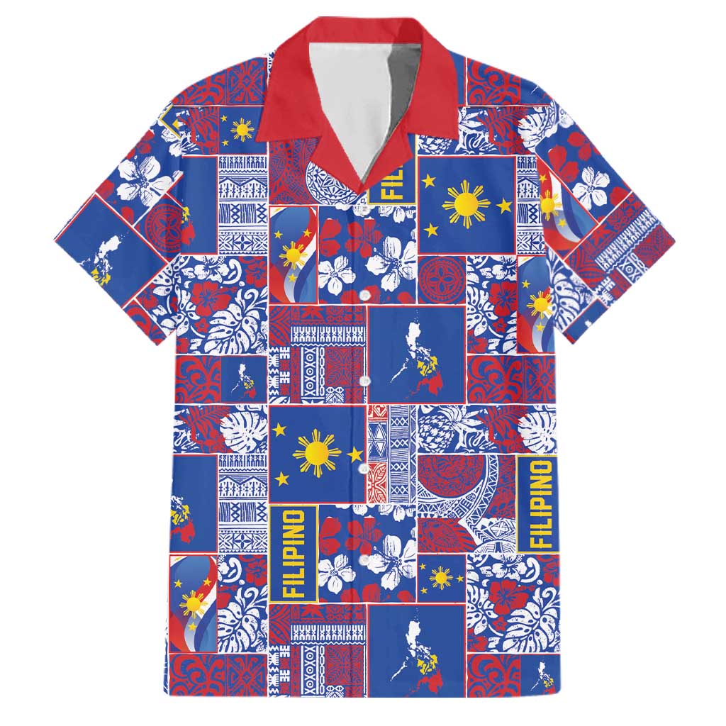 Filipino Maligayang Pasko Family Matching Off Shoulder Short Dress and Hawaiian Shirt Pacific Patchwork Xmas Vibes LT9 Dad's Shirt - Short Sleeve Blue - Polynesian Pride