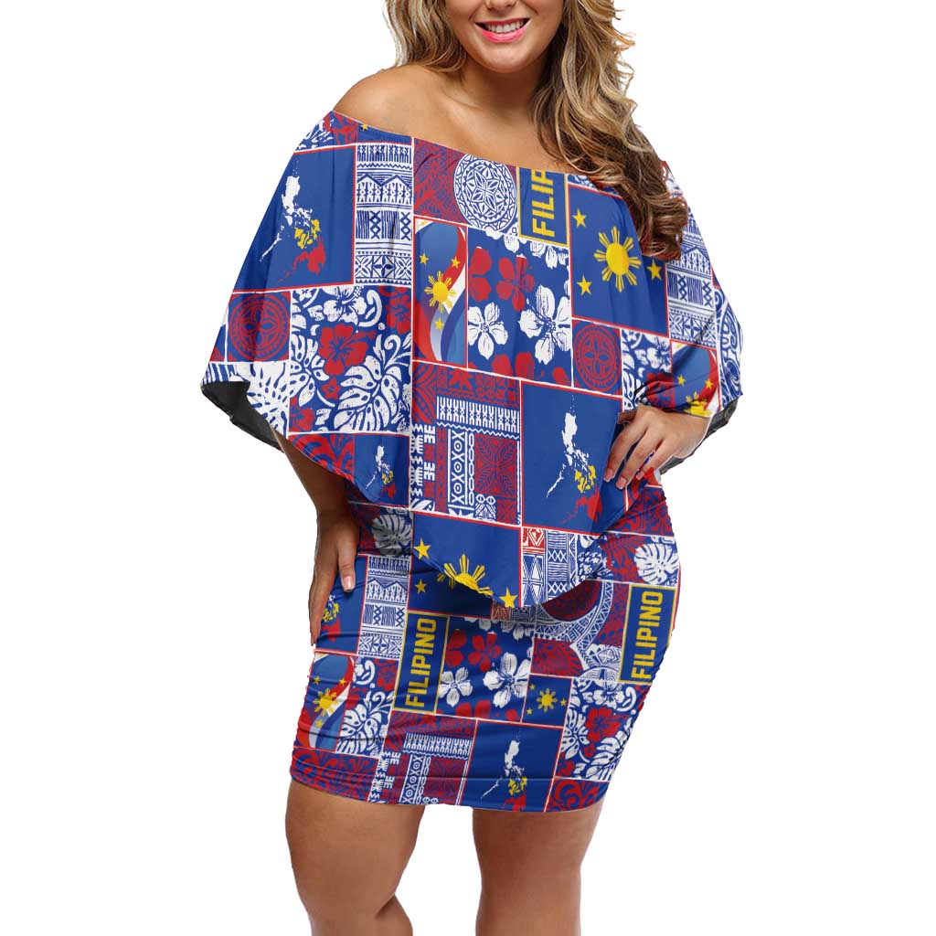 Filipino Maligayang Pasko Family Matching Off Shoulder Short Dress and Hawaiian Shirt Pacific Patchwork Xmas Vibes LT9 Mom's Dress Blue - Polynesian Pride