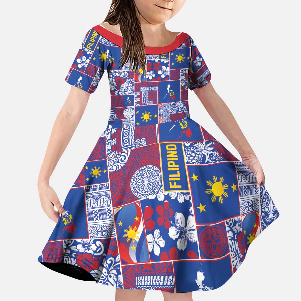 Filipino Maligayang Pasko Family Matching Puletasi and Hawaiian Shirt Pacific Patchwork Xmas Vibes LT9 Daughter's Dress Blue - Polynesian Pride