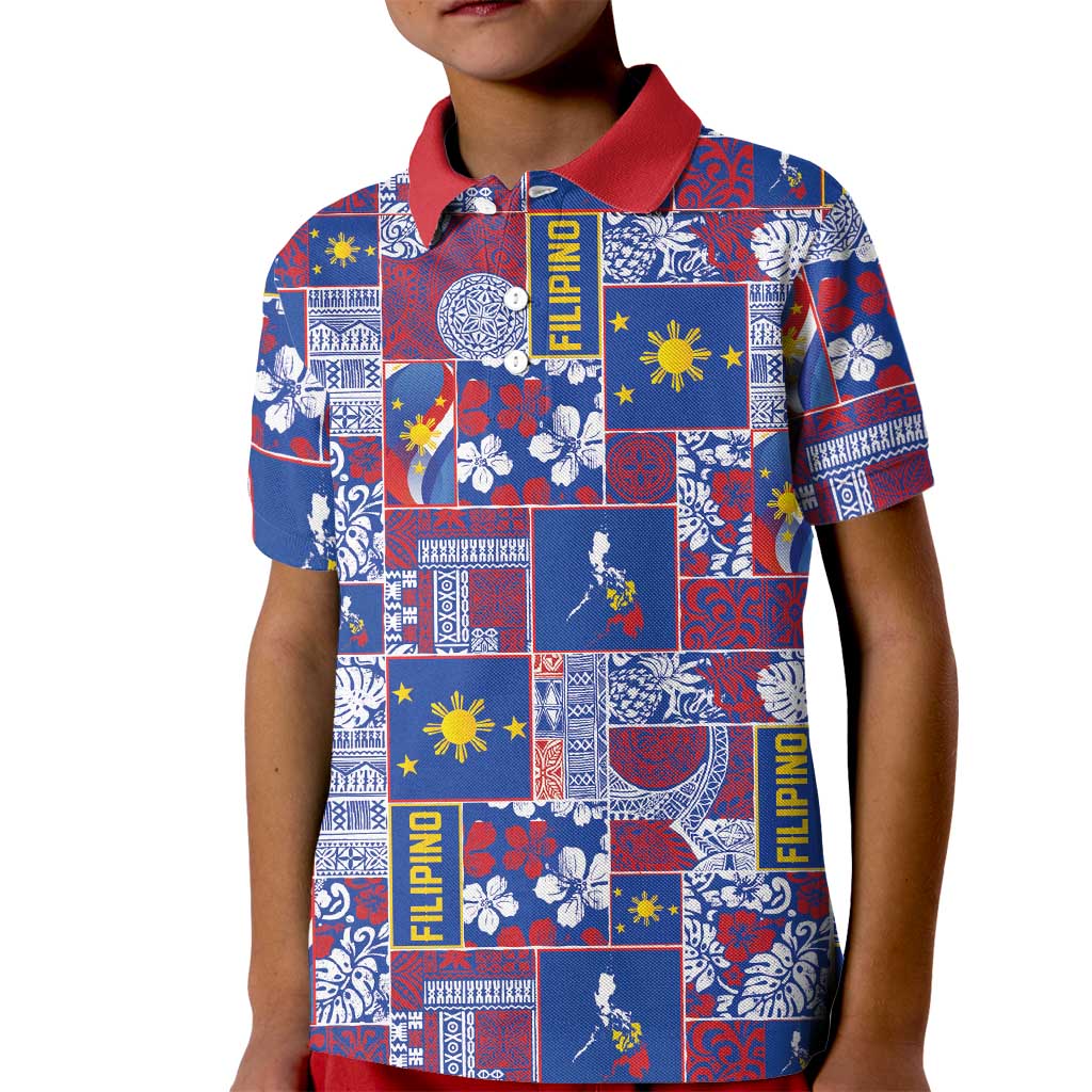 Filipino Maligayang Pasko Kid Polo Shirt Pacific Patchwork Xmas Vibes - Polynesian Pride