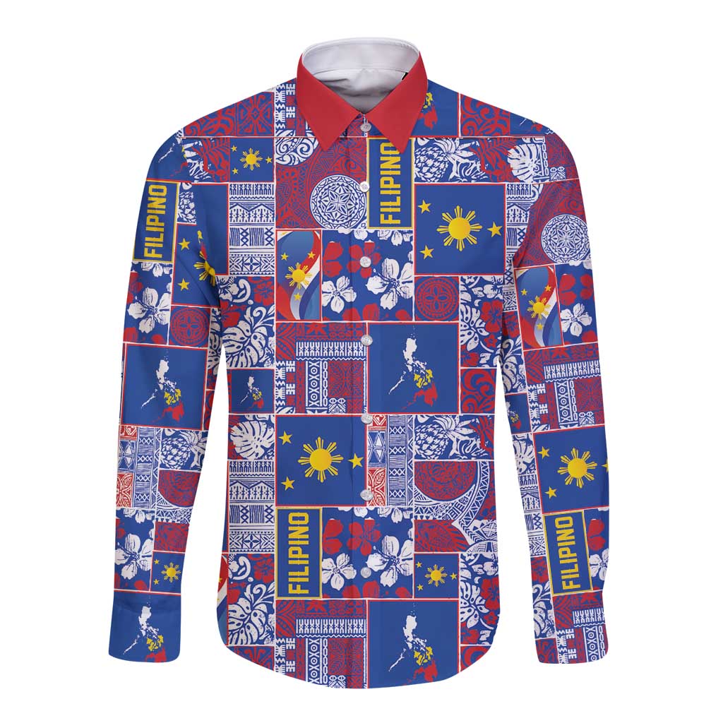 Filipino Maligayang Pasko Long Sleeve Button Shirt Pacific Patchwork Xmas Vibes LT9 Unisex Blue - Polynesian Pride