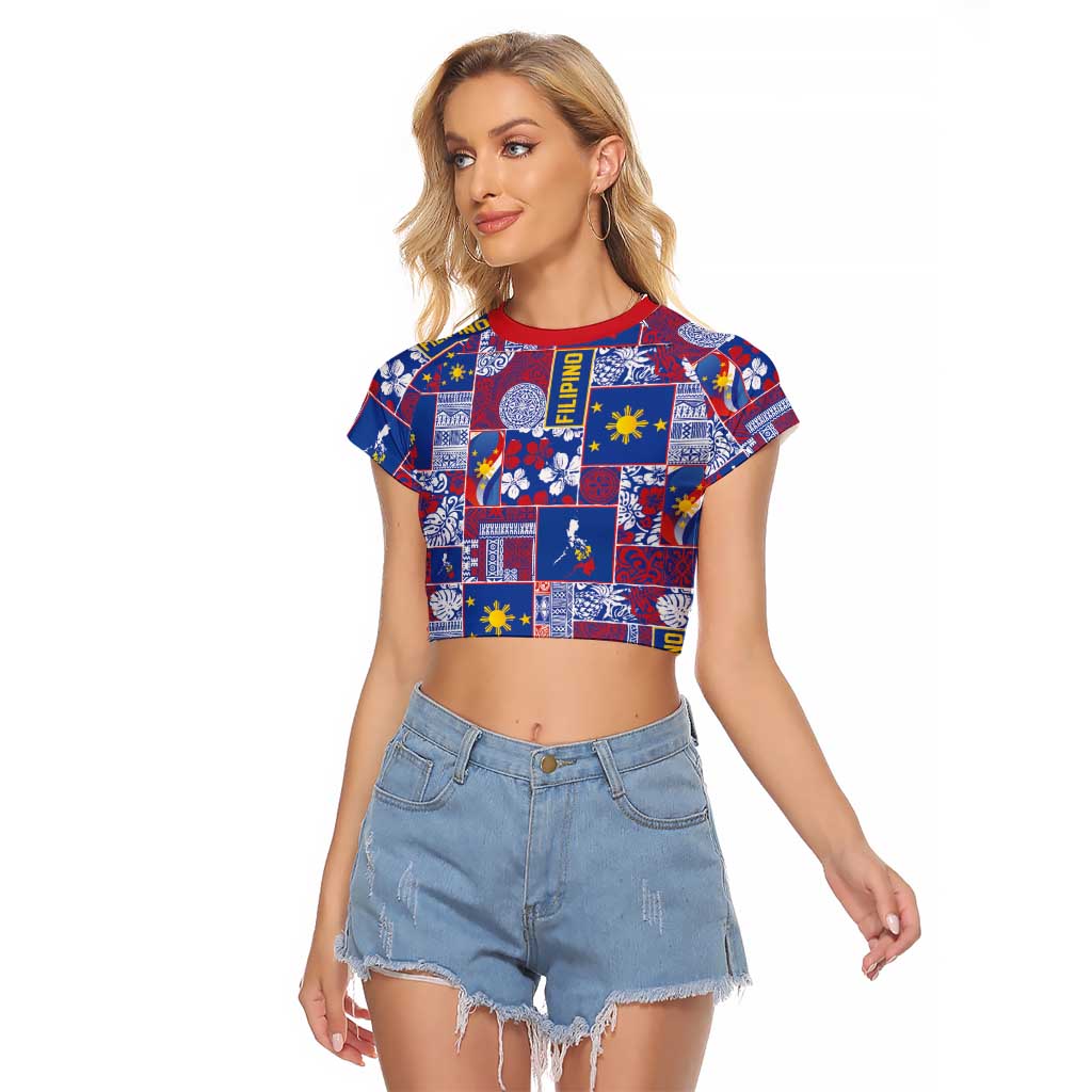 Filipino Maligayang Pasko Raglan Cropped T Shirt Pacific Patchwork Xmas Vibes LT9 Female Blue - Polynesian Pride