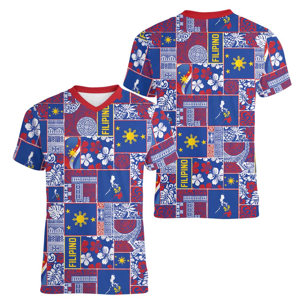 Filipino Maligayang Pasko Women V-Neck T-Shirt Pacific Patchwork Xmas Vibes - Polynesian Pride