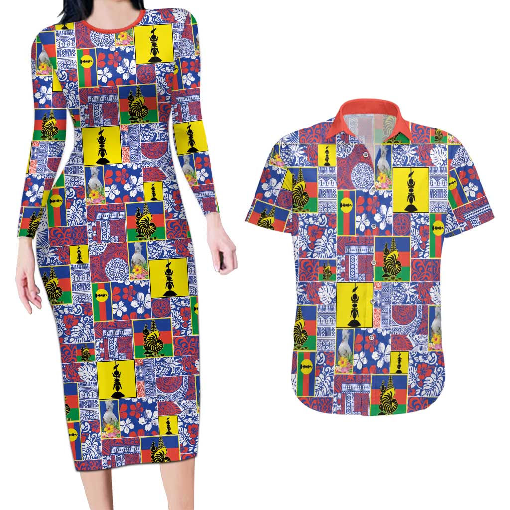New Caledonia Joyeux Noel Couples Matching Long Sleeve Bodycon Dress and Hawaiian Shirt Pacific Patchwork Xmas Vibes LT9 Blue - Polynesian Pride