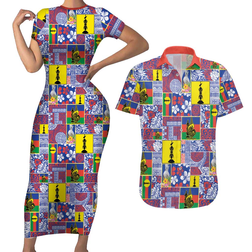 New Caledonia Joyeux Noel Couples Matching Short Sleeve Bodycon Dress and Hawaiian Shirt Pacific Patchwork Xmas Vibes LT9 Blue - Polynesian Pride
