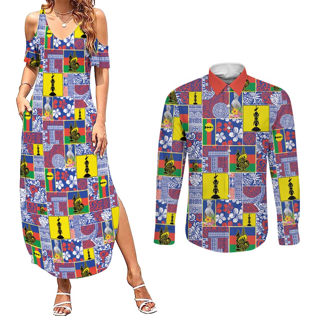 New Caledonia Joyeux Noel Couples Matching Summer Maxi Dress and Long Sleeve Button Shirt Pacific Patchwork Xmas Vibes LT9 Blue - Polynesian Pride