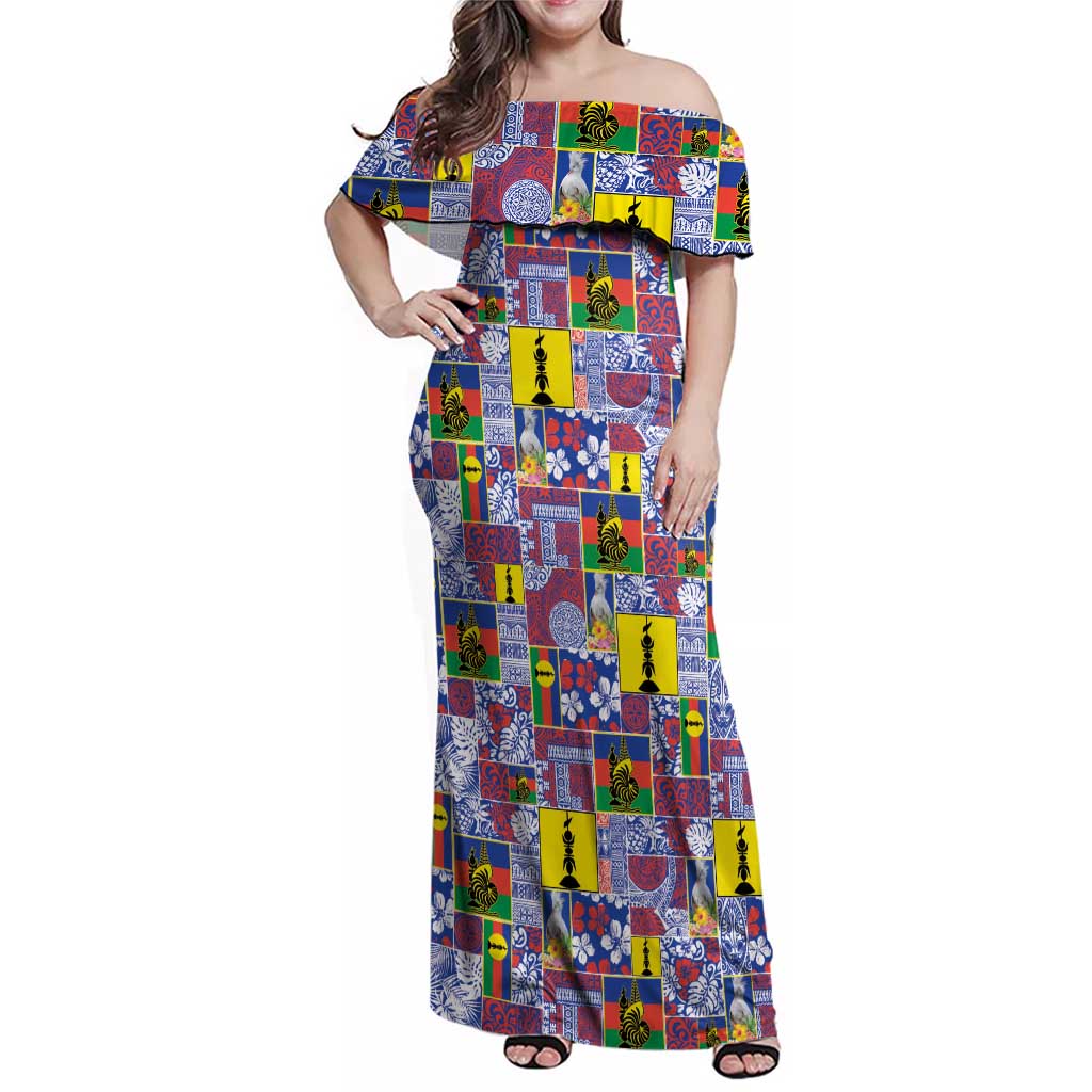 New Caledonia Joyeux Noel Family Matching Off Shoulder Maxi Dress and Hawaiian Shirt Pacific Patchwork Xmas Vibes LT9 Mom's Dress Blue - Polynesian Pride
