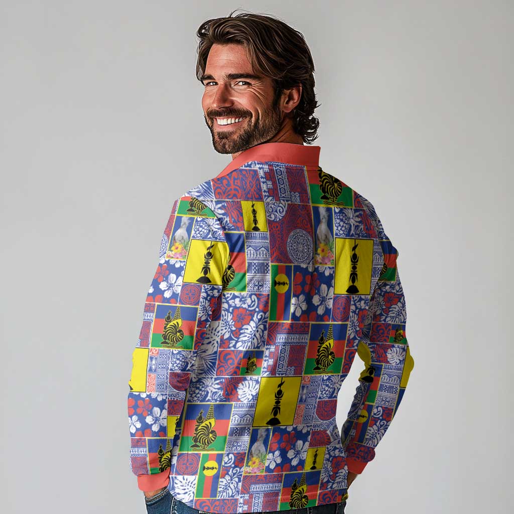 New Caledonia Joyeux Noel Long Sleeve Polo Shirt Pacific Patchwork Xmas Vibes - Polynesian Pride