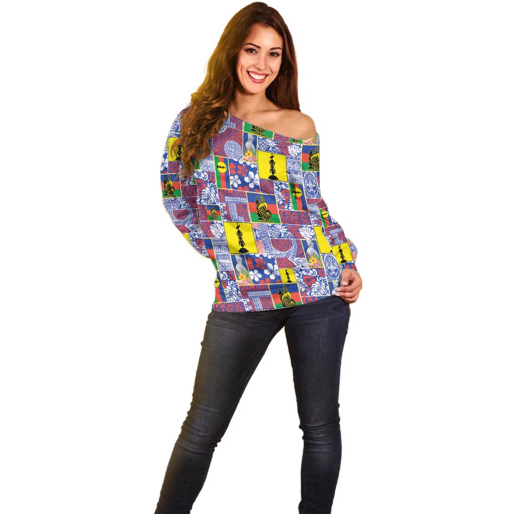 New Caledonia Joyeux Noel Off Shoulder Sweater Pacific Patchwork Xmas Vibes - Polynesian Pride