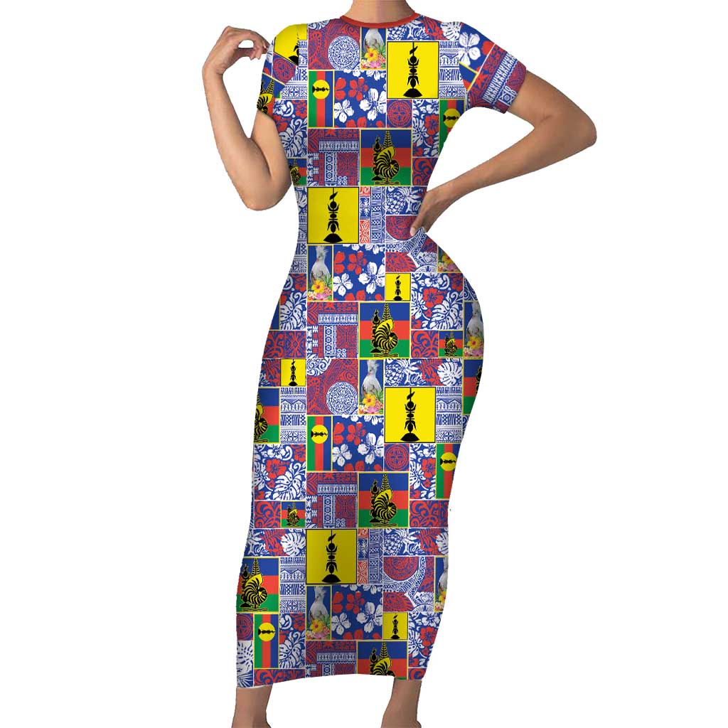 New Caledonia Joyeux Noel Short Sleeve Bodycon Dress Pacific Patchwork Xmas Vibes LT9 Long Dress Blue - Polynesian Pride