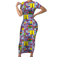 New Caledonia Joyeux Noel Short Sleeve Bodycon Dress Pacific Patchwork Xmas Vibes LT9 Long Dress Blue - Polynesian Pride