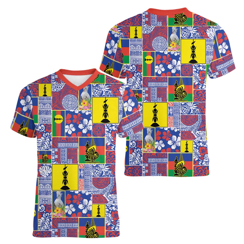 New Caledonia Joyeux Noel Women V-Neck T-Shirt Pacific Patchwork Xmas Vibes - Polynesian Pride