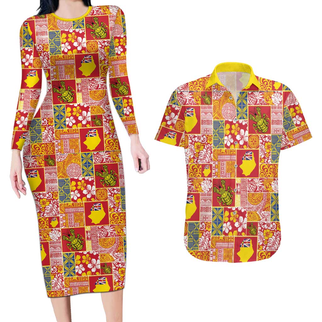 Niue Monuina e Kilisimasi Couples Matching Long Sleeve Bodycon Dress and Hawaiian Shirt Pacific Patchwork Xmas Vibes LT9 Yellow - Polynesian Pride