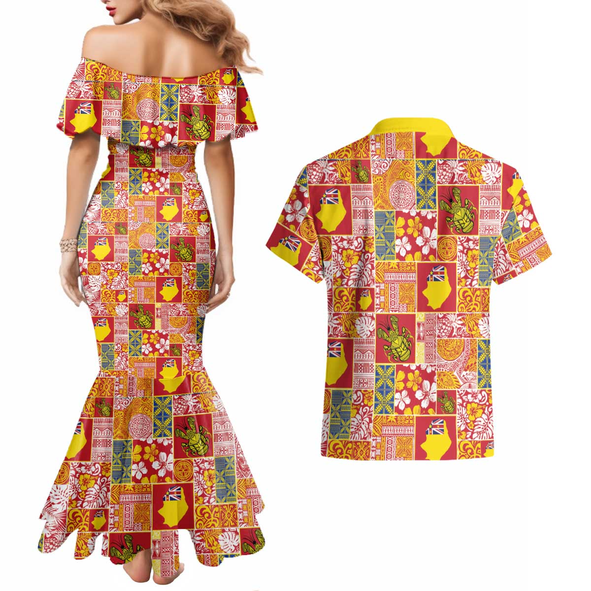 Niue Monuina e Kilisimasi Couples Matching Mermaid Dress and Hawaiian Shirt Pacific Patchwork Xmas Vibes - Polynesian Pride