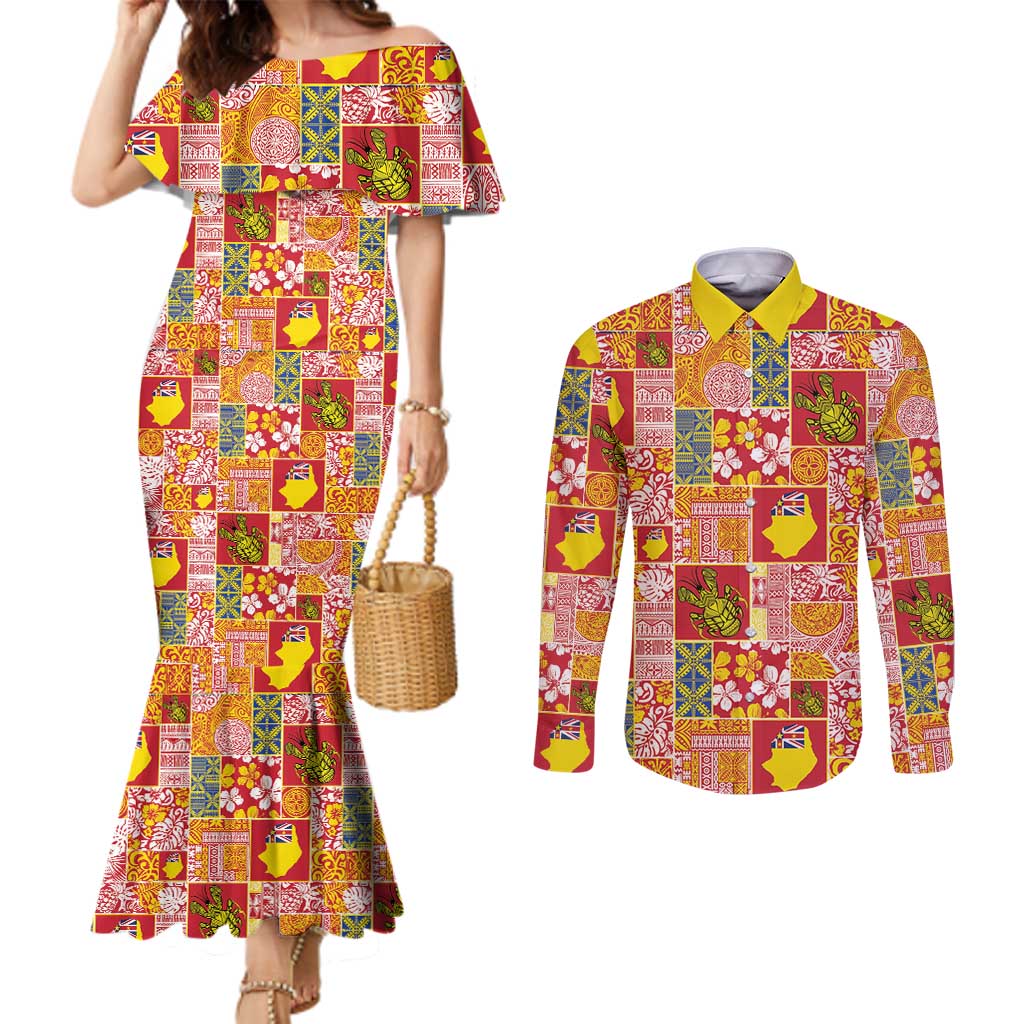 Niue Monuina e Kilisimasi Couples Matching Mermaid Dress and Long Sleeve Button Shirt Pacific Patchwork Xmas Vibes - Polynesian Pride