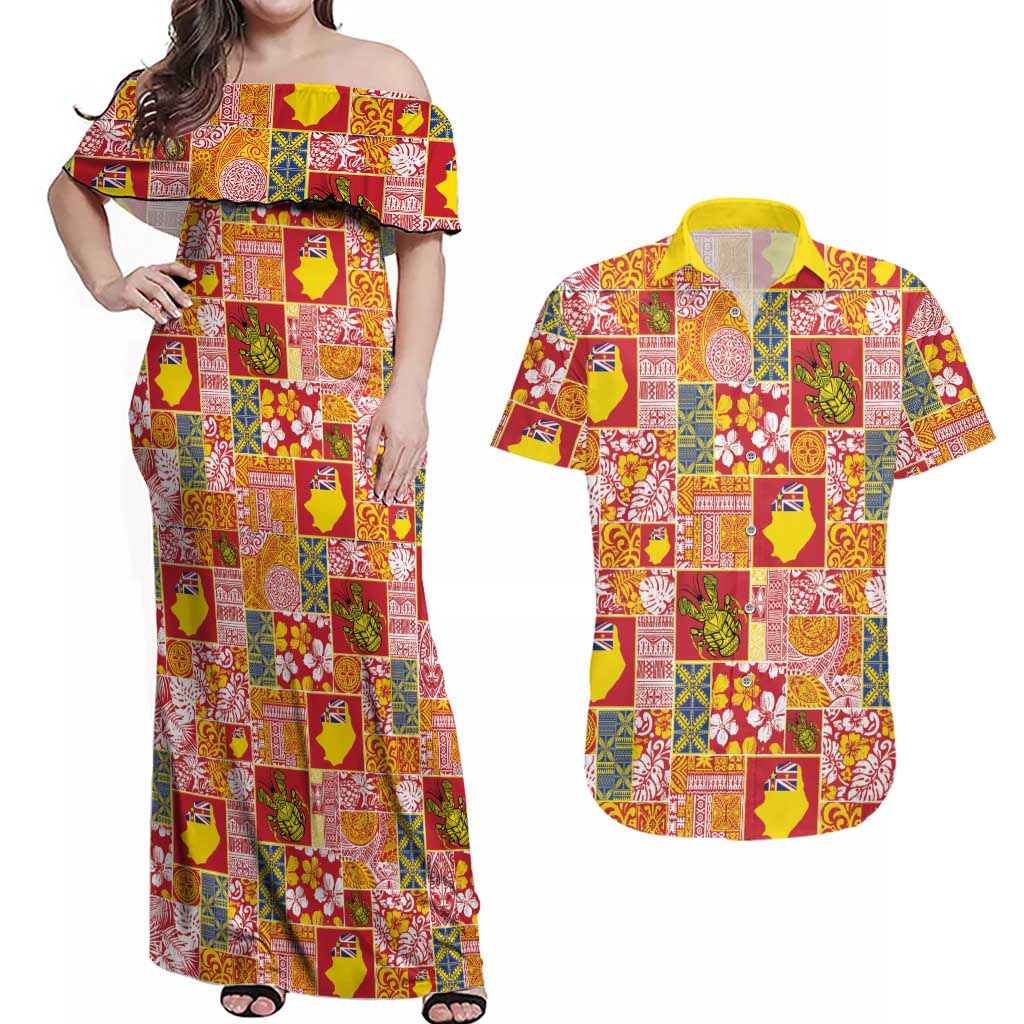 Niue Monuina e Kilisimasi Couples Matching Off Shoulder Maxi Dress and Hawaiian Shirt Pacific Patchwork Xmas Vibes - Polynesian Pride