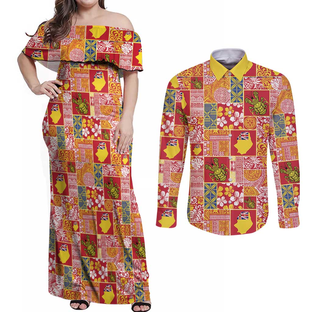 Niue Monuina e Kilisimasi Couples Matching Off Shoulder Maxi Dress and Long Sleeve Button Shirt Pacific Patchwork Xmas Vibes LT9 Yellow - Polynesian Pride
