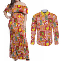 Niue Monuina e Kilisimasi Couples Matching Off Shoulder Maxi Dress and Long Sleeve Button Shirt Pacific Patchwork Xmas Vibes LT9 Yellow - Polynesian Pride