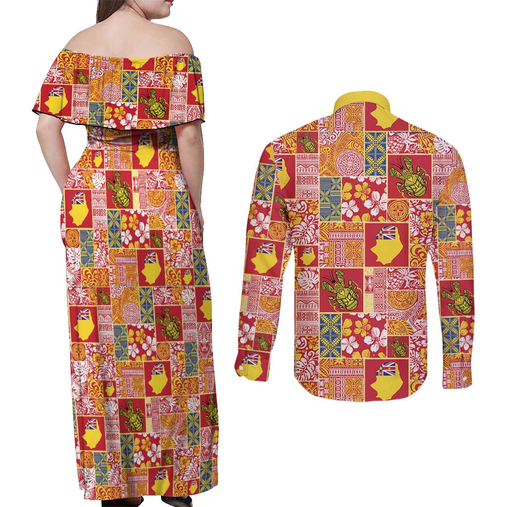 Niue Monuina e Kilisimasi Couples Matching Off Shoulder Maxi Dress and Long Sleeve Button Shirt Pacific Patchwork Xmas Vibes LT9 - Polynesian Pride