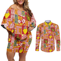 Niue Monuina e Kilisimasi Couples Matching Off Shoulder Short Dress and Long Sleeve Button Shirt Pacific Patchwork Xmas Vibes - Polynesian Pride