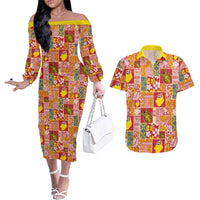 Niue Monuina e Kilisimasi Couples Matching Off The Shoulder Long Sleeve Dress and Hawaiian Shirt Pacific Patchwork Xmas Vibes LT9 Yellow - Polynesian Pride