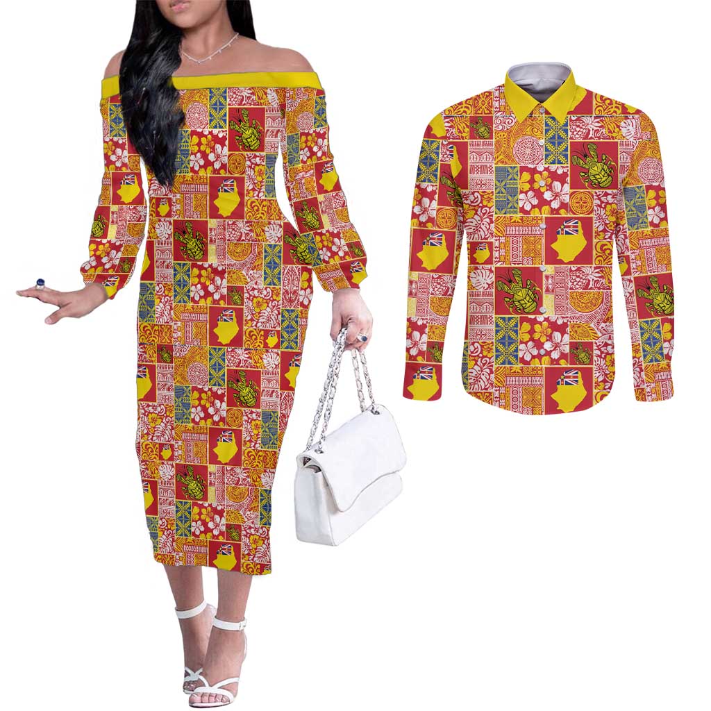 Niue Monuina e Kilisimasi Couples Matching Off The Shoulder Long Sleeve Dress and Long Sleeve Button Shirt Pacific Patchwork Xmas Vibes - Polynesian Pride